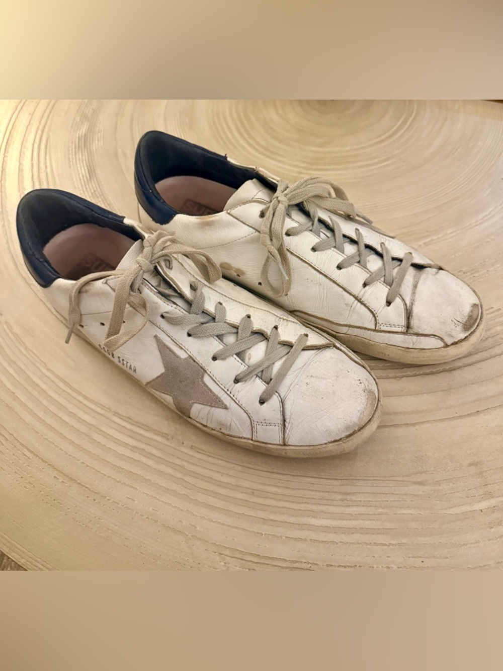Golden Goose White Leather Sneakers with Suede Star & Navy Blue Back Size 11